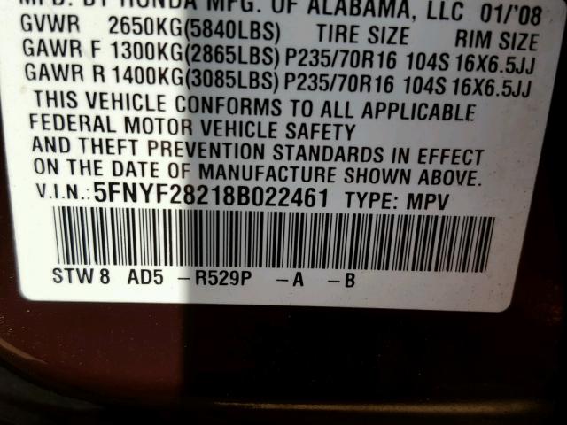 5FNYF28218B022461 - 2008 HONDA PILOT VP MAROON photo 10