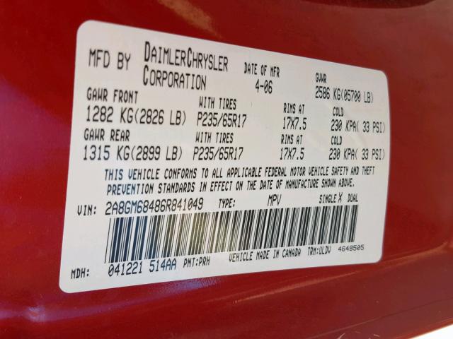 2A8GM68486R841049 - 2006 CHRYSLER PACIFICA T RED photo 10