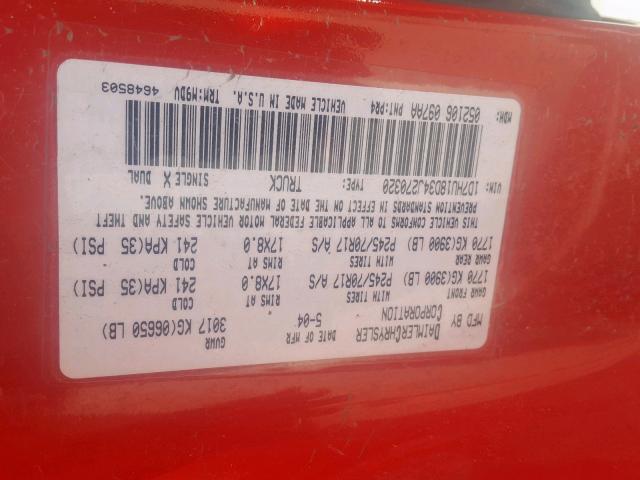 1D7HU18D34J270320 - 2004 DODGE RAM 1500 S RED photo 10