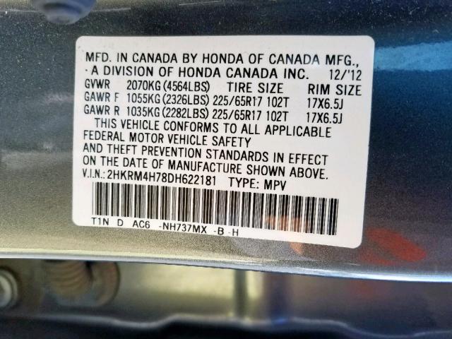 2HKRM4H78DH622181 - 2013 HONDA CR-V EXL SILVER photo 10