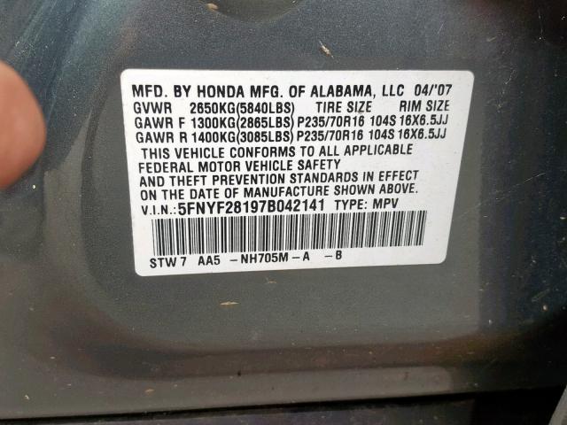 5FNYF28197B042141 - 2007 HONDA PILOT LX SILVER photo 10