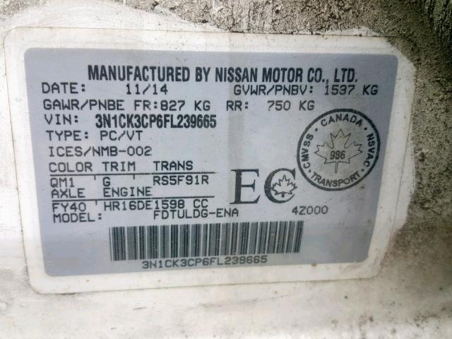 3N1CK3CP6FL239665 - 2015 NISSAN MICRA WHITE photo 10