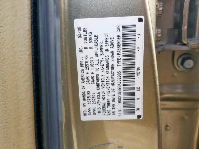 1HGCP36898A062995 - 2008 HONDA ACCORD EXL GOLD photo 10