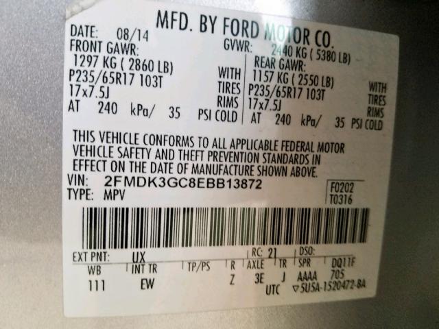 2FMDK3GC8EBB13872 - 2014 FORD EDGE SE SILVER photo 10