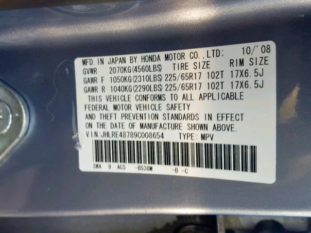 JHLRE48789C008654 - 2009 HONDA CR-V EXL BLUE photo 10