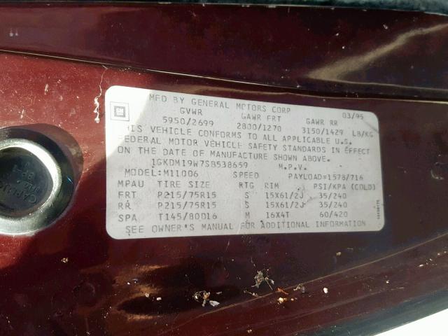 1GKDM19W7SB538659 - 1995 GMC SAFARI XT BURGUNDY photo 10