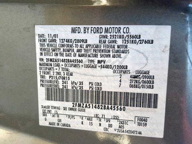 2FMZA51482BA45560 - 2002 FORD WINDSTAR L GRAY photo 10