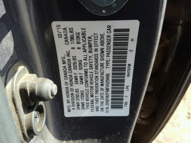 2HGFB2F98FH529496 - 2015 HONDA CIVIC EXL GRAY photo 10