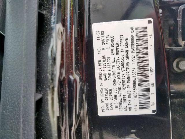 1HGCP36898A018981 - 2008 HONDA ACCORD EXL BLACK photo 10