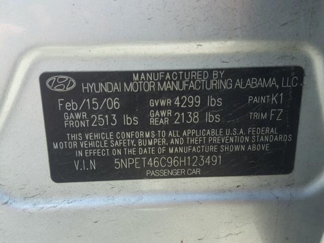 5NPET46C96H123491 - 2006 HYUNDAI SONATA GL SILVER photo 10