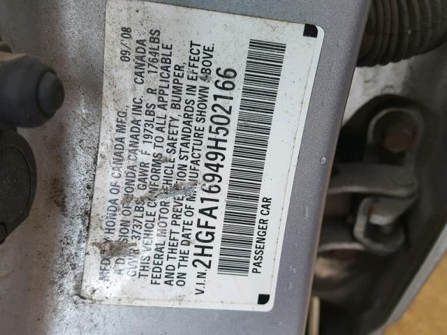 2HGFA16949H502166 - 2009 HONDA CIVIC EXL SILVER photo 10