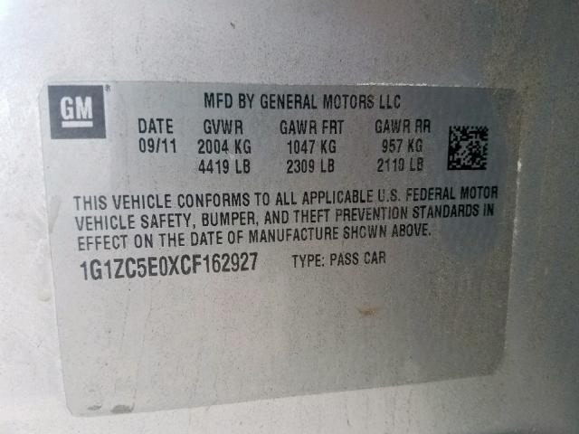 1G1ZC5E0XCF162927 - 2012 CHEVROLET MALIBU 1LT SILVER photo 10