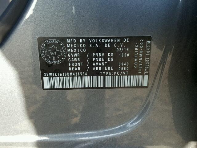 3VW2K7AJ9DM426594 - 2013 VOLKSWAGEN JETTA BASE Մոխրագույն լուսանկար 10
