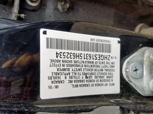 2HGES16315H632534 - 2005 HONDA CIVIC DX V BLACK photo 10