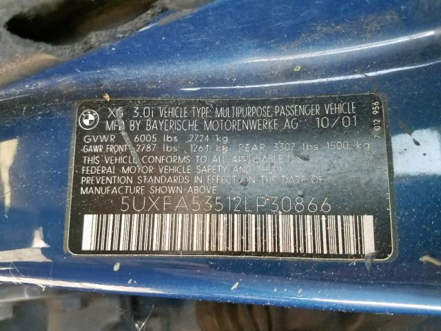 5UXFA53512LP30866 - 2002 BMW X5 3.0I BLUE photo 10