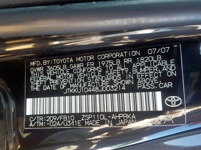 JTKKU10448J003214 - 2008 SCION XD BLACK photo 10