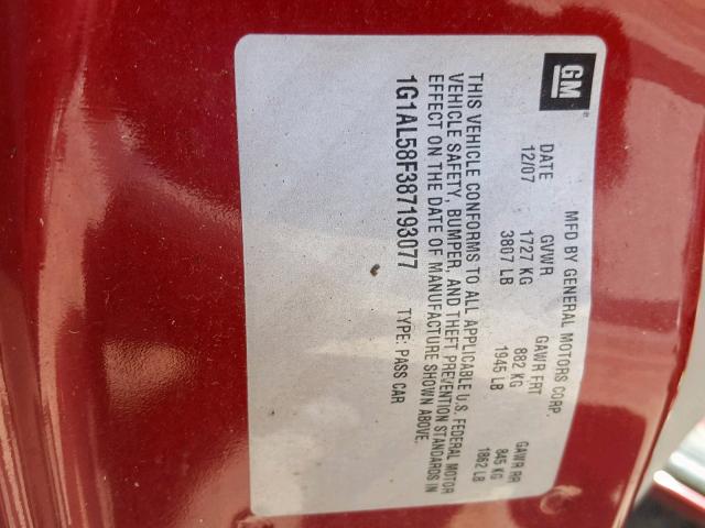 1G1AL58F387193077 - 2008 CHEVROLET COBALT LT BURGUNDY photo 10