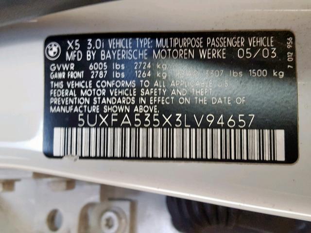 5UXFA535X3LV94657 - 2003 BMW X5 3.0I WHITE photo 10