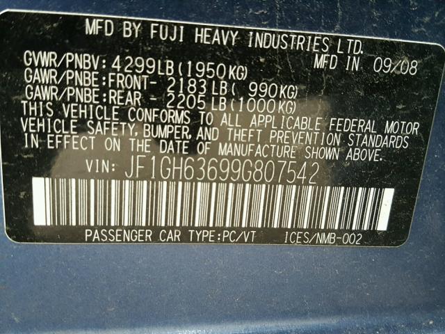 JF1GH63699G807542 - 2009 SUBARU IMPREZA OU BLUE photo 10