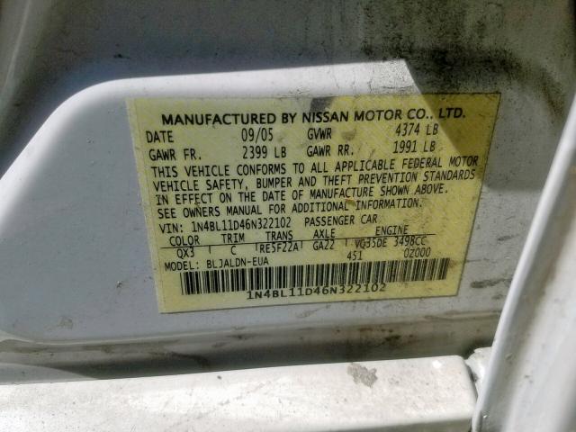 1N4BL11D46N322102 - 2006 NISSAN ALTIMA SE WHITE photo 10