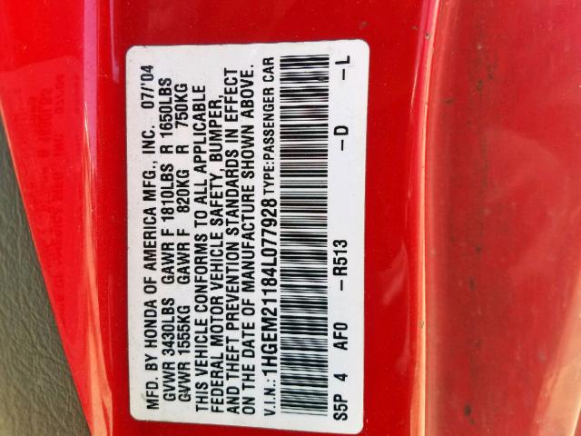 1HGEM21184L077928 - 2004 HONDA CIVIC DX V RED photo 10