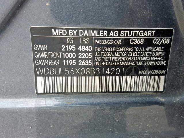 WDBUF56X08B314201 - 2008 MERCEDES-BENZ E 350 GRAY photo 10