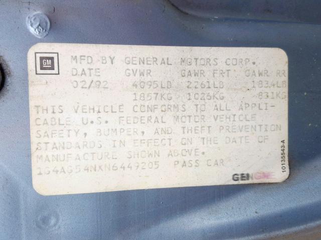 1G4AG54NXN6449205 - 1992 BUICK CENTURY SP BLUE photo 10