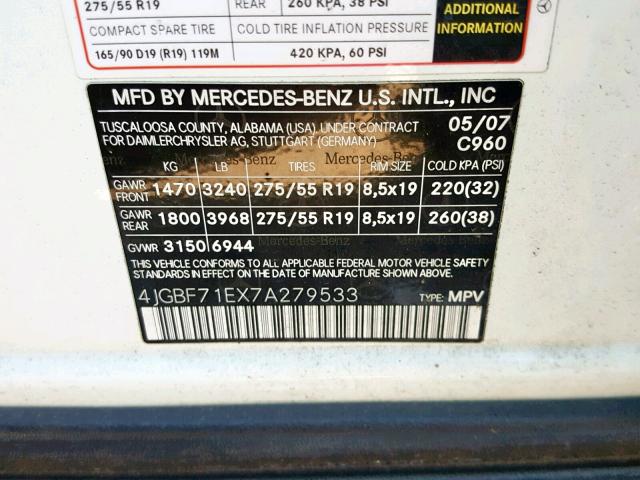 4JGBF71EX7A279533 - 2007 MERCEDES-BENZ GL 450 4MA WHITE photo 10