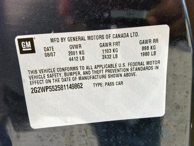 2G2WP552581149862 - 2008 PONTIAC GRAND PRIX CHARCOAL photo 10