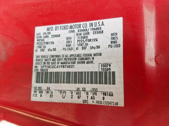 1FTYR10C4YPB74021 - 2000 FORD RANGER RED photo 10