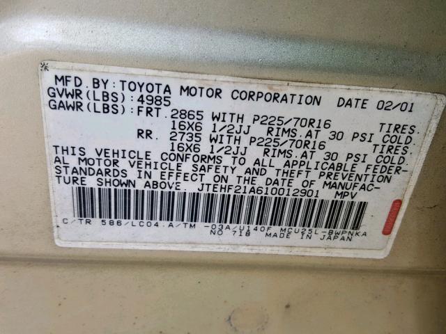 JTEHF21A610012901 - 2001 TOYOTA HIGHLANDER TAN photo 10