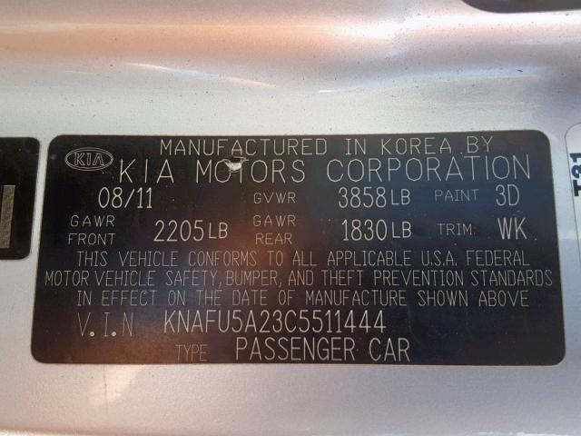 KNAFU5A23C5511444 - 2012 KIA FORTE EX SILVER photo 10