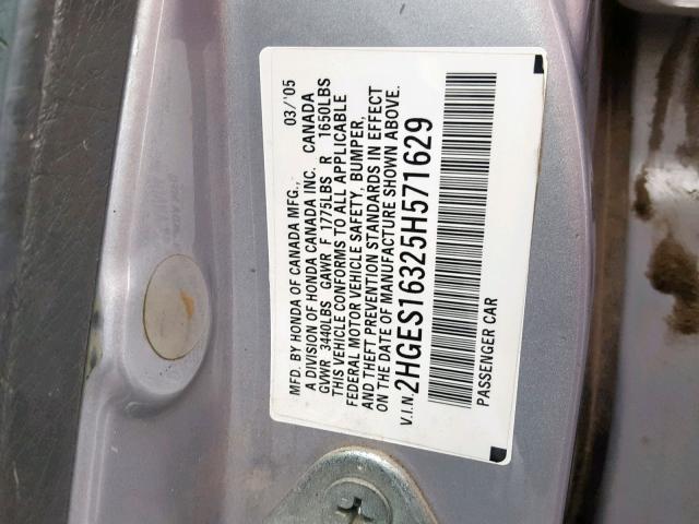 2HGES16325H571629 - 2005 HONDA CIVIC DX V SILVER photo 10