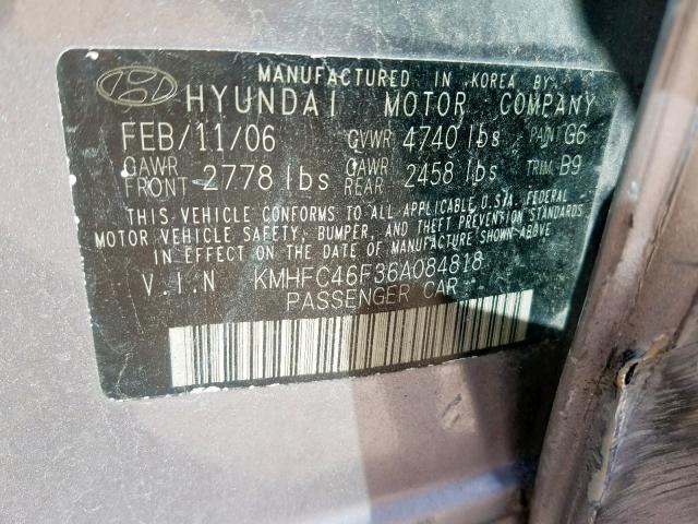 KMHFC46F36A084818 - 2006 HYUNDAI AZERA SE GRAY photo 10