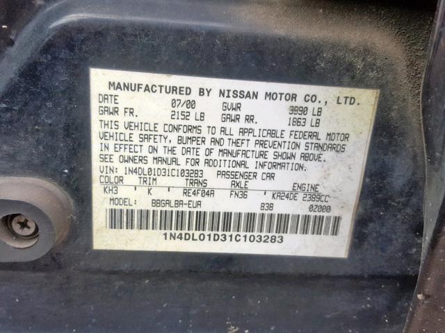 1N4DL01D31C103283 - 2001 NISSAN ALTIMA XE BLACK photo 10