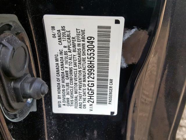 2HGFG12998H553049 - 2008 HONDA CIVIC EXL 黑色 照片 10
