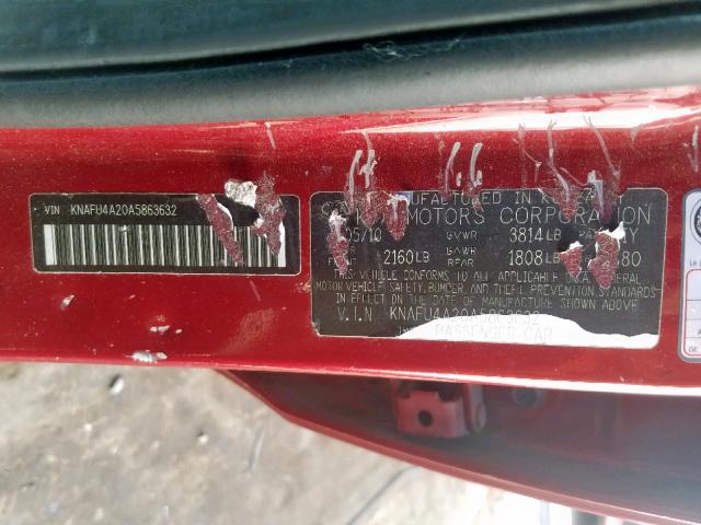 KNAFU4A20A5863632 - 2010 KIA FORTE EX RED photo 10