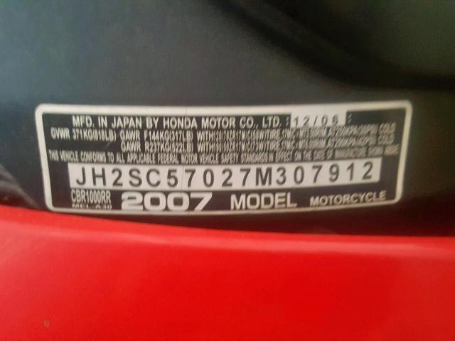 JH2SC57027M307912 - 2007 HONDA CBR1000 RR RED photo 10