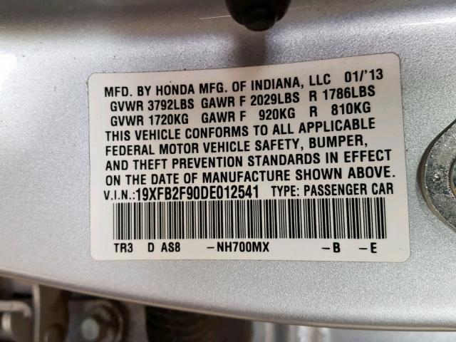 19XFB2F90DE012541 - 2013 HONDA CIVIC EXL 银色 照片 10