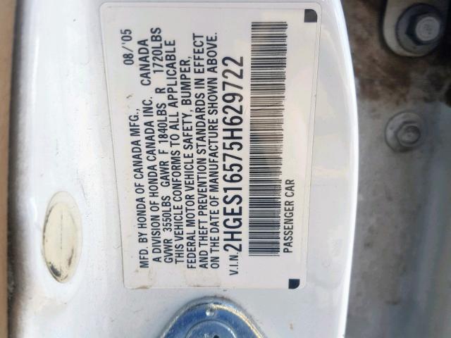 2HGES16575H629722 - 2005 HONDA CIVIC LX WHITE photo 10