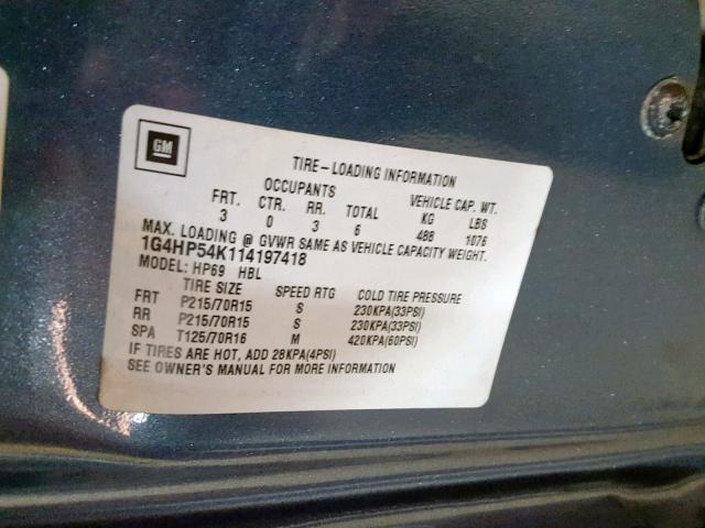 1G4HP54K114197418 - 2001 BUICK LESABRE CU BLUE photo 10