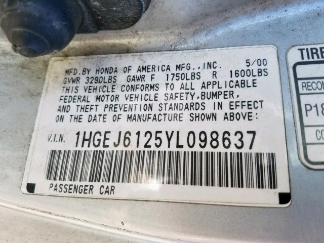 1HGEJ6125YL098637 - 2000 HONDA CIVIC DX SILVER photo 10