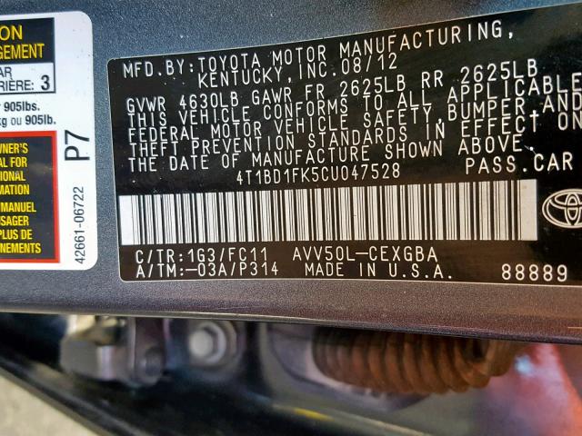 4T1BD1FK5CU047528 - 2012 TOYOTA CAMRY HYBR GRAY photo 10