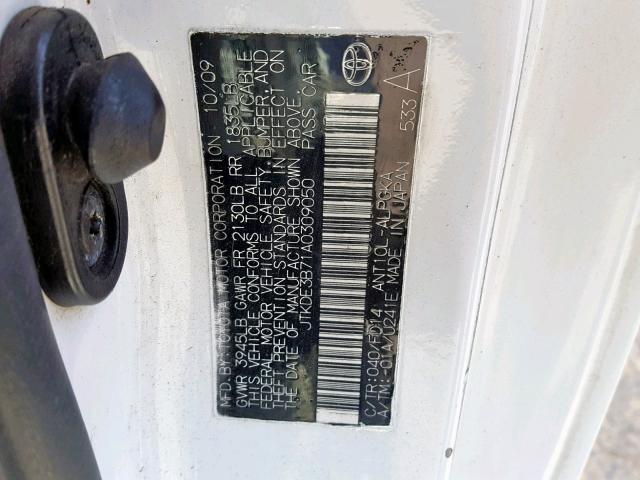 JTKDE3B71A0309050 - 2010 TOYOTA SCION TC თეთრი ფოტო 10