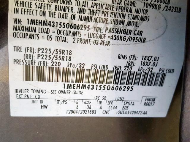 1MEHM43155G606295 - 2005 MERCURY MONTEGO PR ნაცრისფერი ფოტო 10