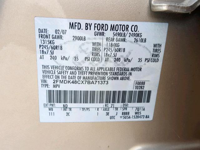 2FMDK48CX7BA71373 - 2007 FORD EDGE SEL BEIGE photo 10