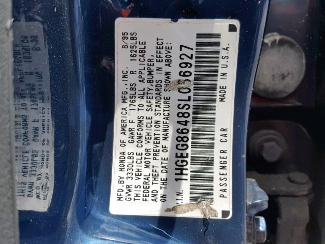 1HGEG8648SL056927 - 1995 HONDA CIVIC DX BLUE photo 10