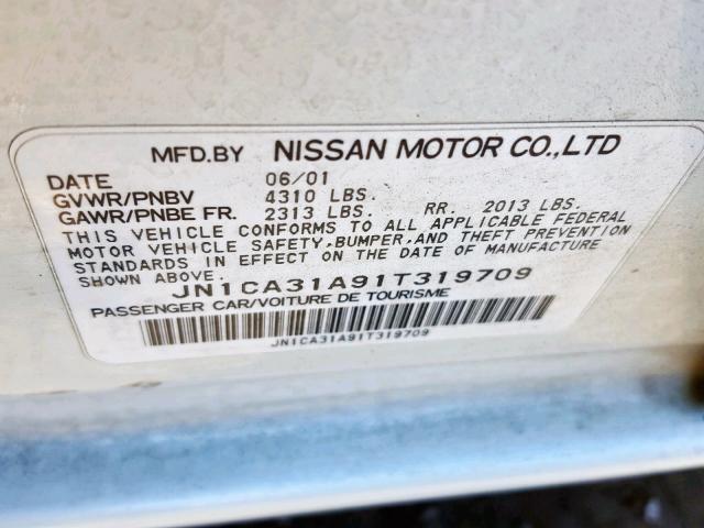 JN1CA31A91T319709 - 2001 NISSAN MAXIMA GXE WHITE photo 10