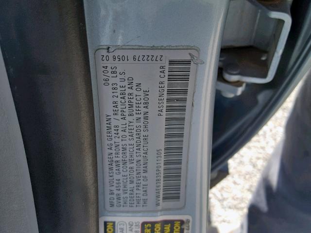 WVWAE63B35P011305 - 2005 VOLKSWAGEN PASSAT GLS SILVER photo 10