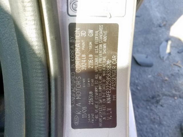 KNAFE222595638876 - 2009 KIA SPECTRA EX SILVER photo 10